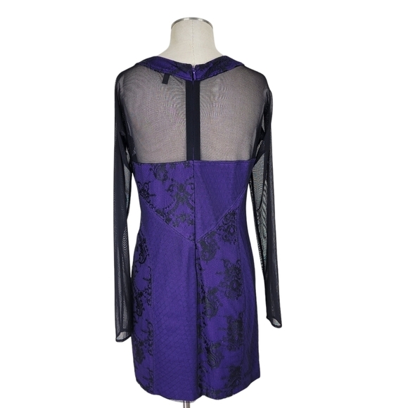 BCBGMaxAzria Mini Dress Size 12 Mesh Long Sleeves Cut Outs Persian Blue Black - Picture 5 of 12